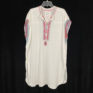 Johnny Was Kaftan Dress White Embroidered Cotton Linen Swim Cover-up L